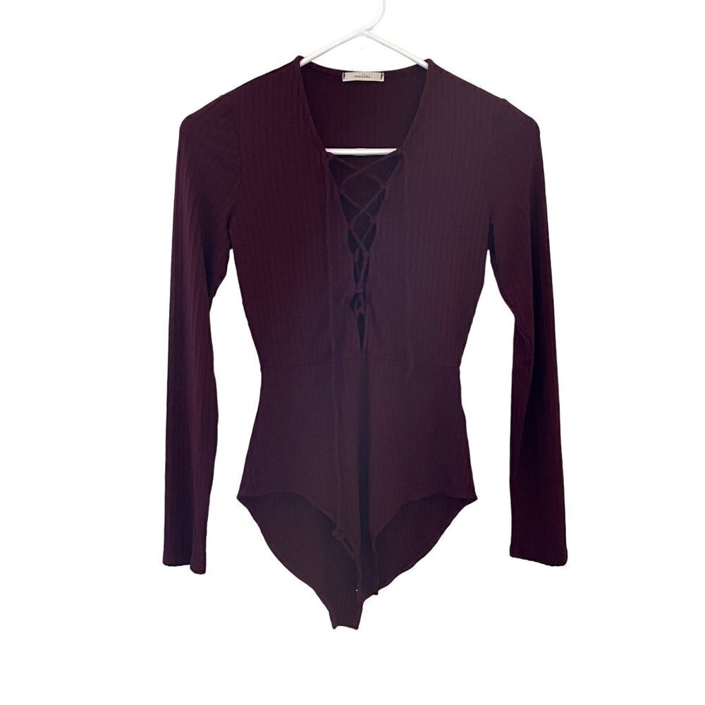 Maitai deep red bodysuit long sleeved lace up vneck‎ casual comfortable top